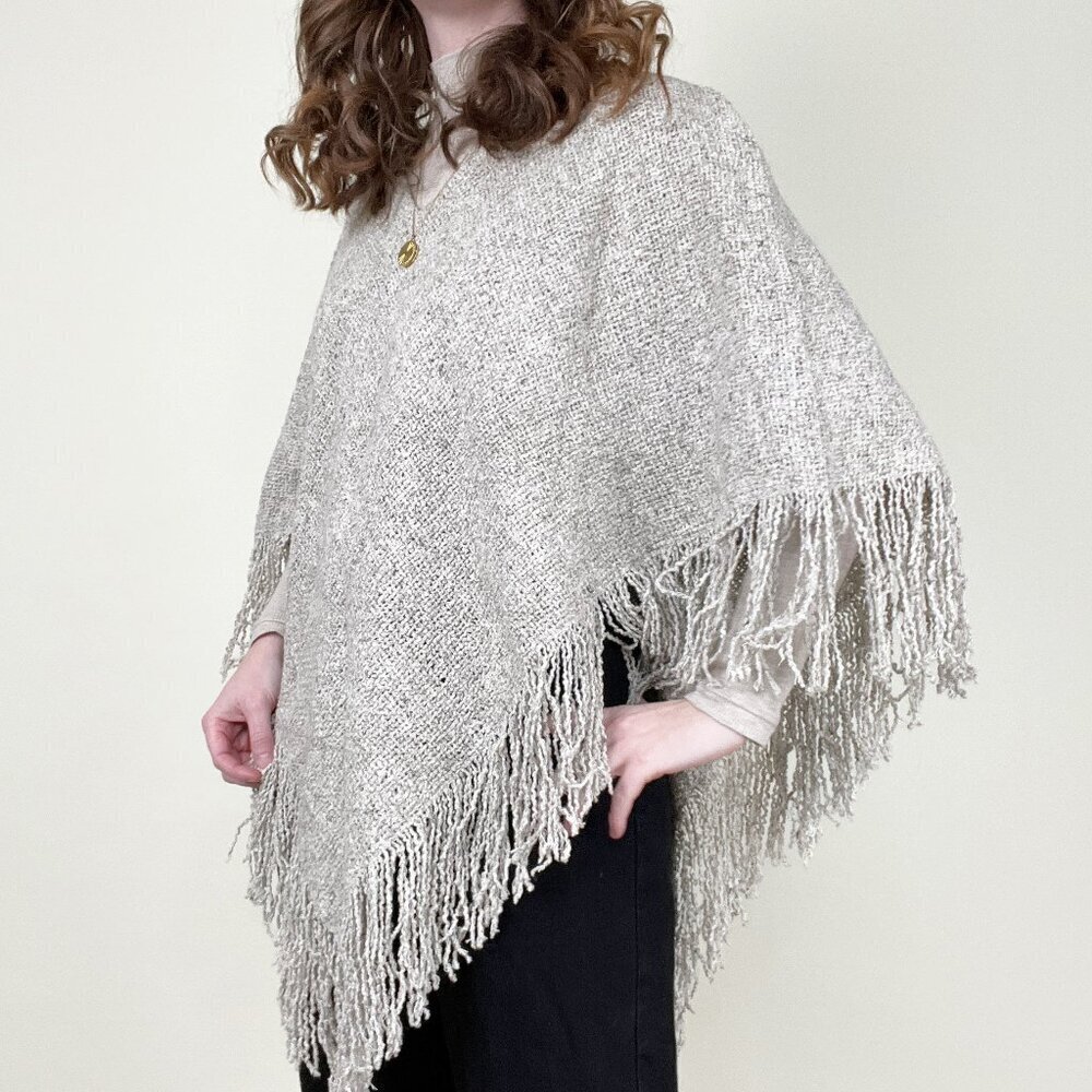 Vintage Wool Cotton Woven Knit Fringe Poncho Western Boho Hippie Sweater Shawl